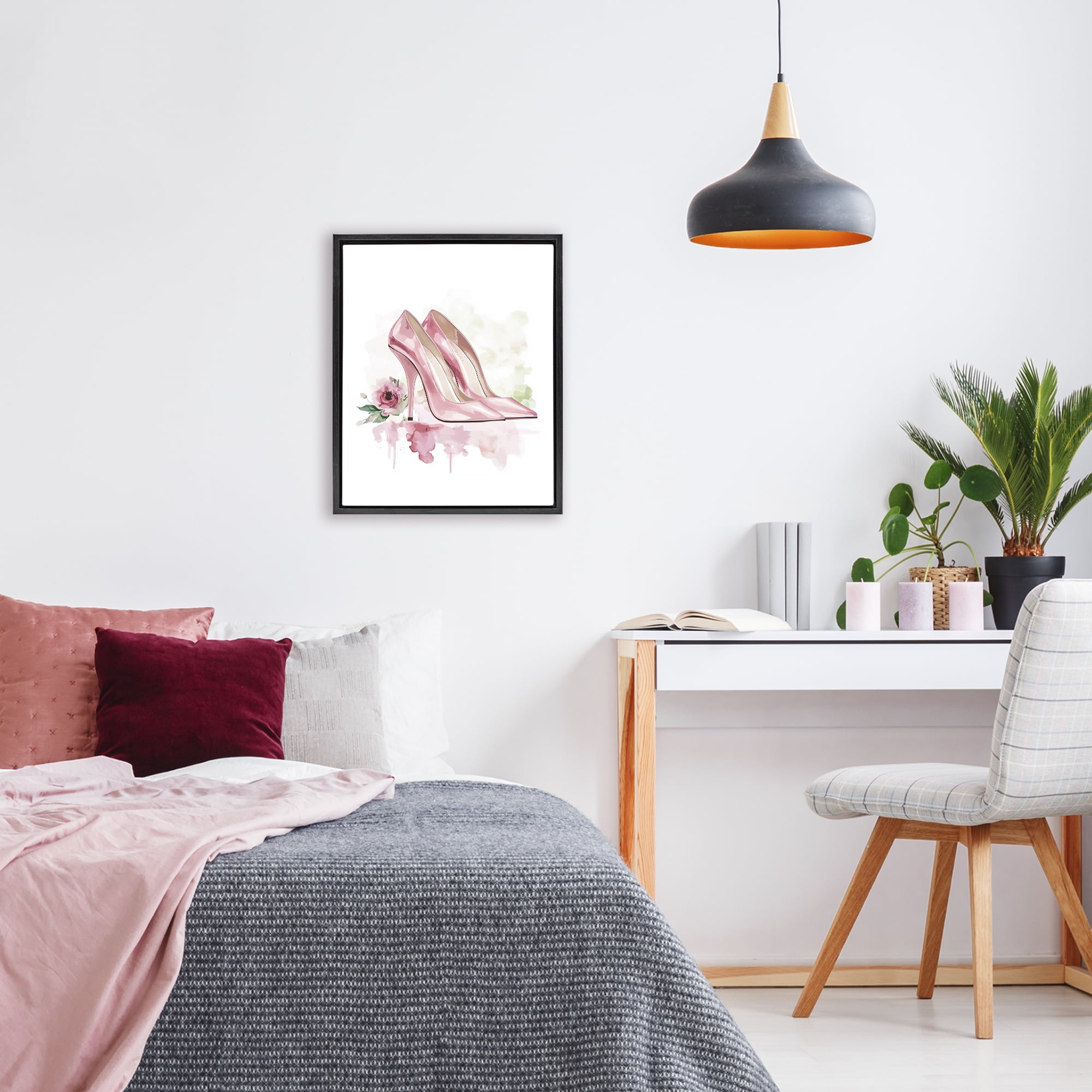 Rosy Pastel Heels Black Framed Floater Canvas Wall Art, design by Christine Simpson Art