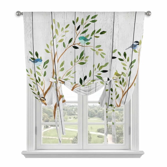 Birds Balloon Curtains 63 Inch Length for Living Room/Bedroom, Spring Branch Leaves Animals Country Wooden Grain Rod Pocket Privacy Door Curtains Decorative Tie Up Shade for Window 52"x63"