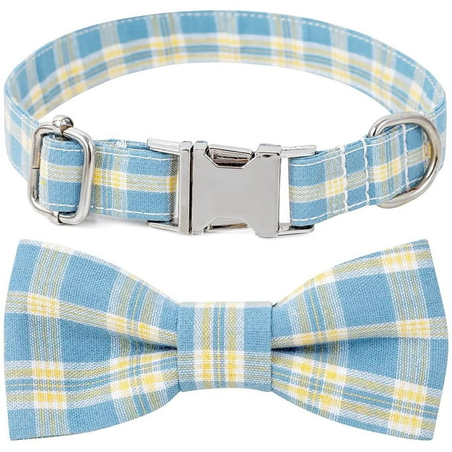 2 Pack Automne Collier de Chien Noeud Papillon, Collier à Carreaux pour Chien avec Arc, Confortable Mignon Collier Noeud Animal de Compagnie Colliers Réglables pour Petits Chiens et Chats de Taille Moyenne (Petit-Bleu)