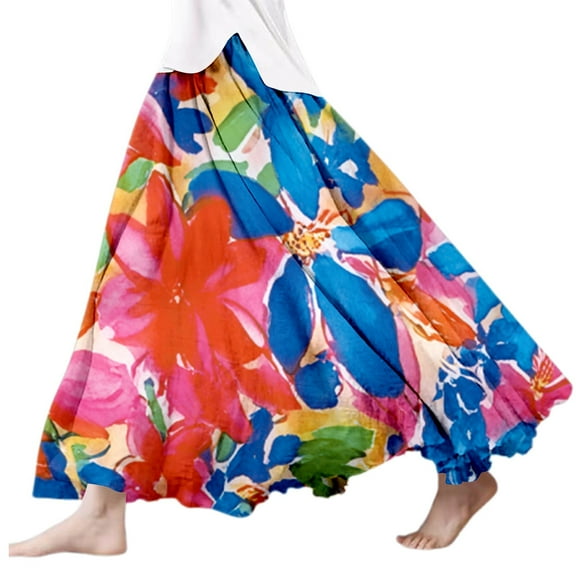 LUOGENLI Skirt Women's Summer Printed Linen Wrap Skirt Elastic Waist A Line Boho Beach Skirt Flowy Long Maxi Skirt for Vacation Maxi Skirt Set Flowy Long Skirts for Women Trendy Blue XL