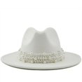 thumbnail image 2 of Sombreros Fedora de Jazz de lana para hombre y mujer, sombrero de fieltro con cinta de perlas de cuero, blanco, rosa, amarillo, Trilby de panamá, gorra de fiesta Formal, 58-61CM, 2 of 4
