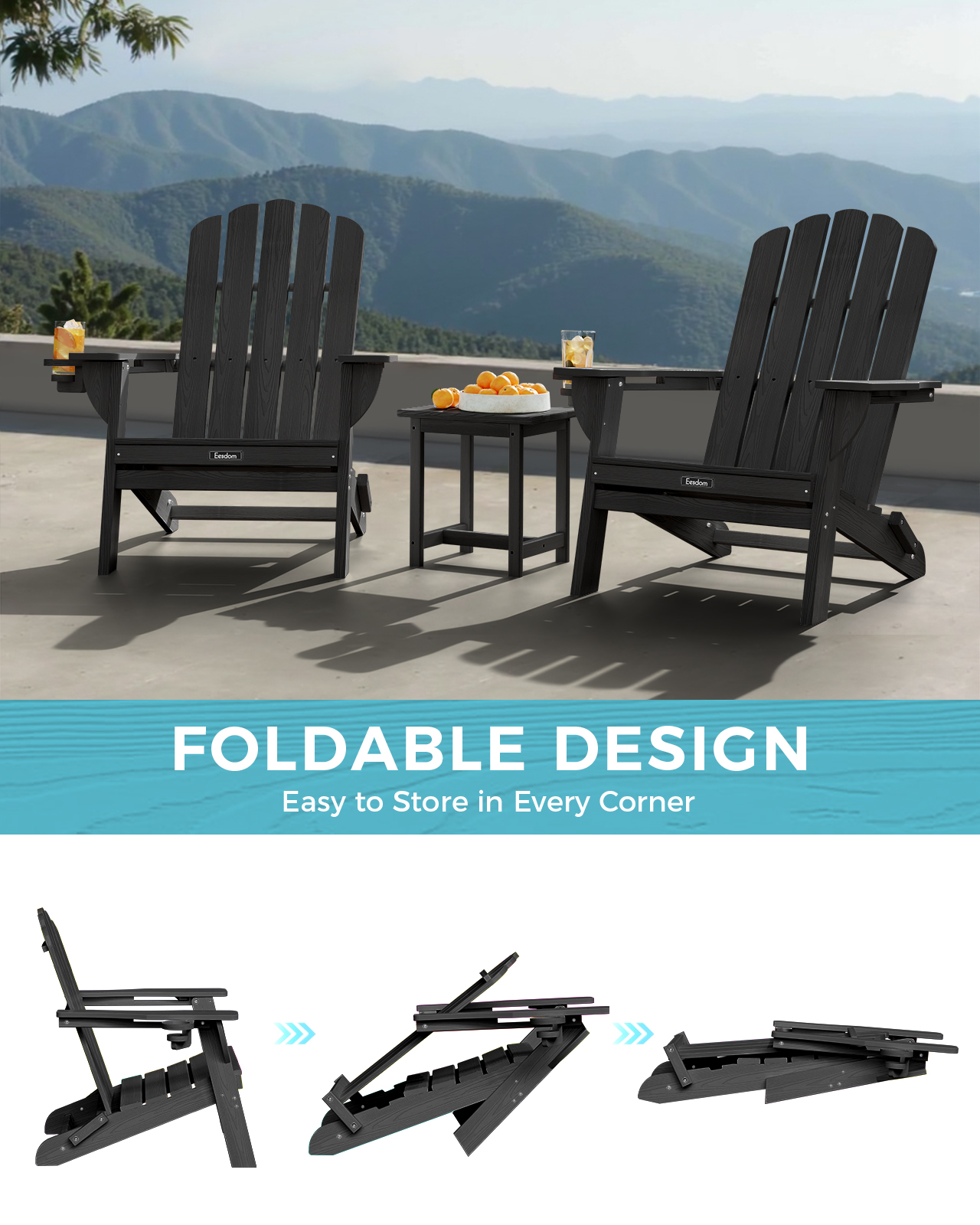 Folding Adirondack Chair, HDPE Patio Adirondack Chair with 2 Cup Holders, All-Weather Outdoor Chairs, Fire Pit Chairs for Patio, Garden, Poolside, Black