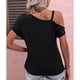 thumbnail image 4 of Mujer Solo Hombro Frío Dobladillo Superior Plisado Color Puro Ajuste Suelto Verano Casual Camiseta Negro M, 4 of 6