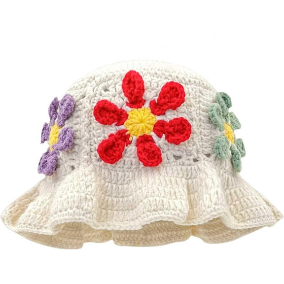 Crochet Bucket Hat for Women Flower Knit Hat Hollow Out Foldable Cap Hats