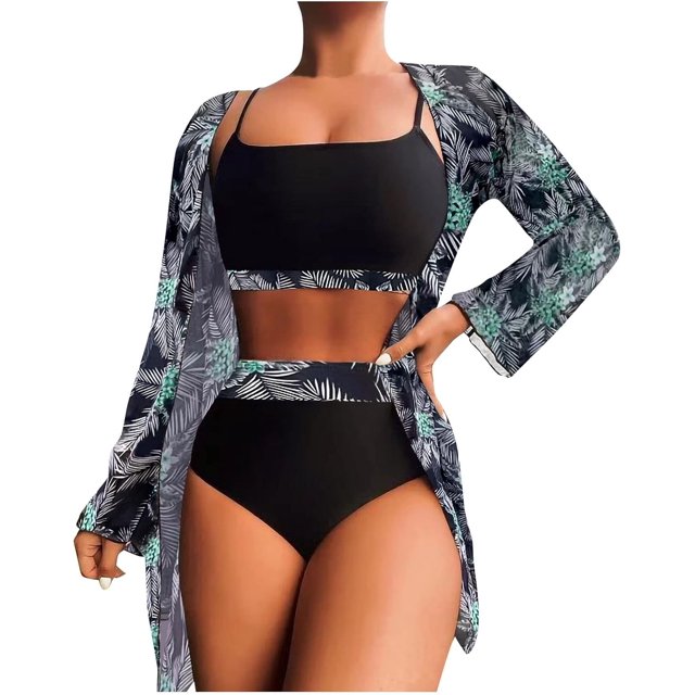 Kiosan Conjunto de bikini para mujer, traje de baño de 3 piezas, kimono floral, parte superior triangular anudada en la parte delantera, falda de traje de baño inferior de cintura alta