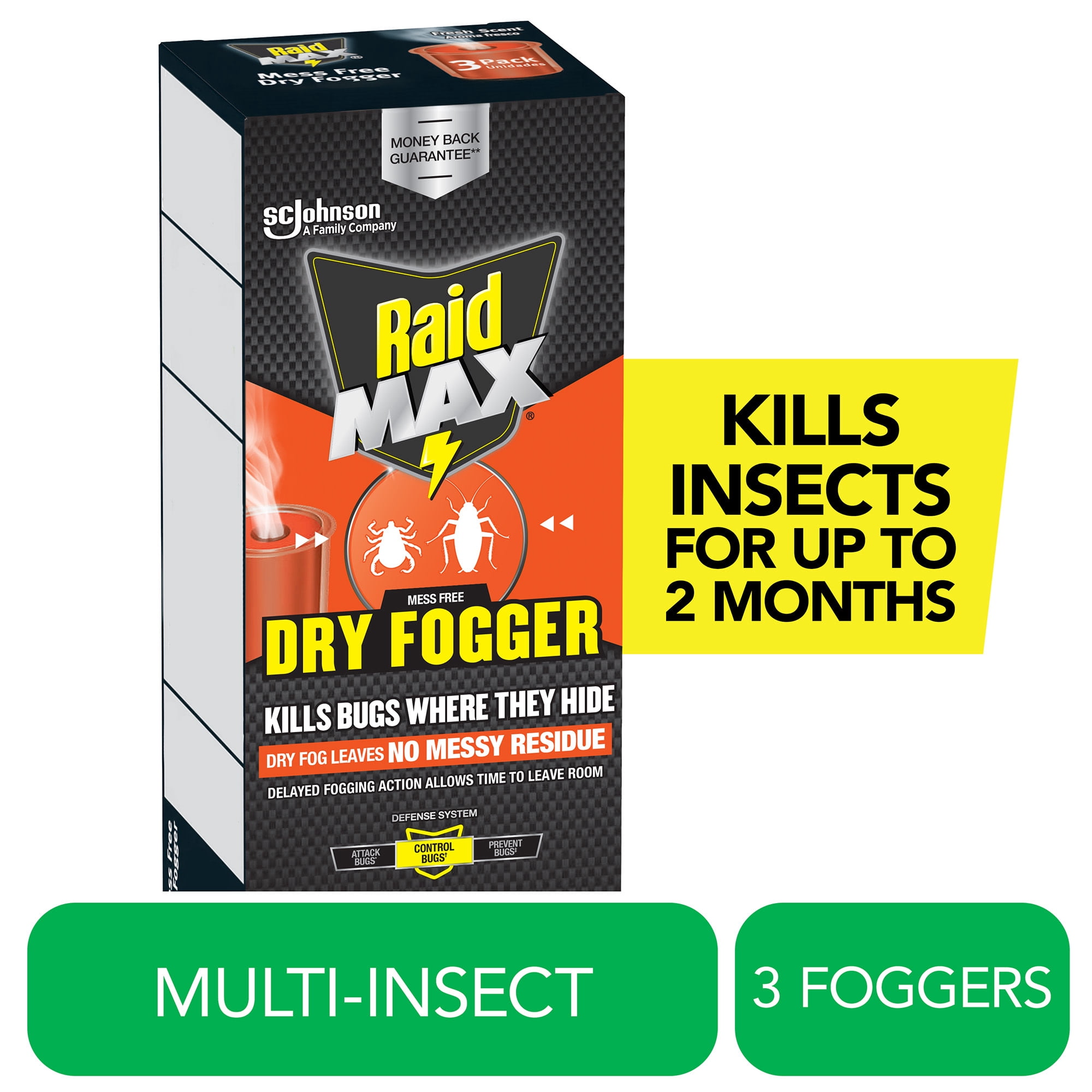 (2 pack) Raid Max Indoor Mess Free Dry Bug Killing Fogger, 0.42 oz, 3 Count