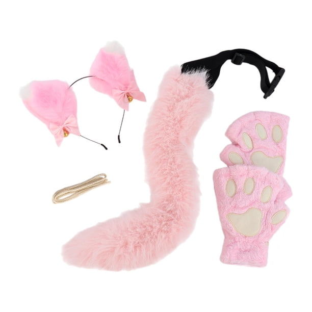 Conjunto de orejas, garras y cola de gato de peluche, diadema para disfrazarse, accesorios para el cabello, lindos Rosa