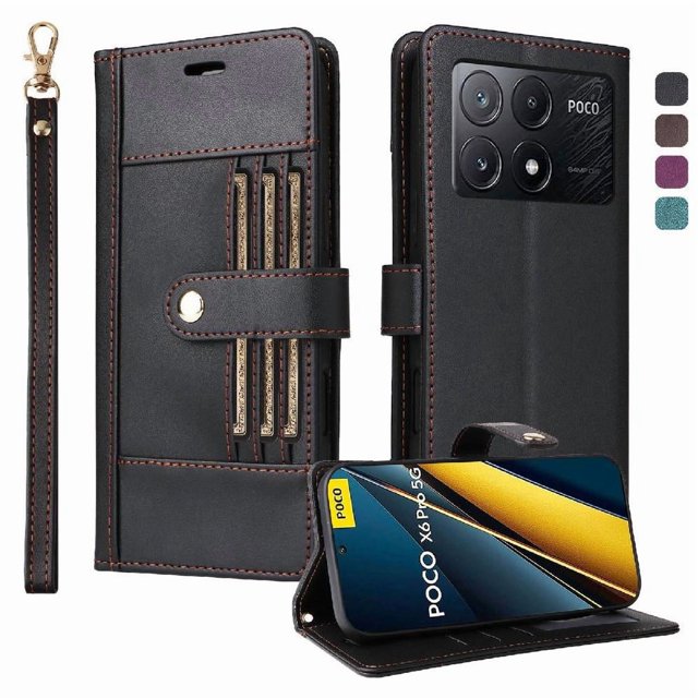 FOXDOCK Funda tipo Cartera para Xiaomi POCO X6 Pro – Cubierta de Cuero PU con Múltiples Ranuras, Bolsillo para Efectivo y Correa de Muñeca