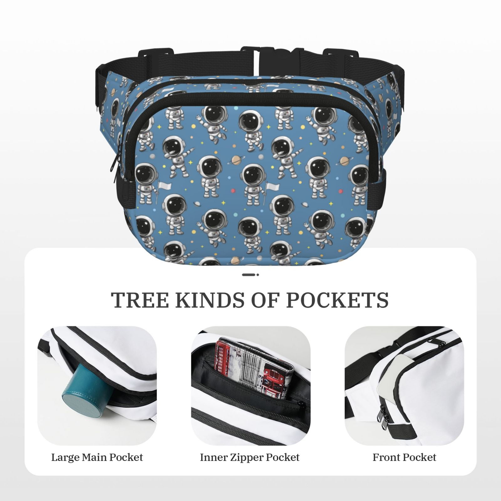 Picia Cute Cartoon Astronaut Print Square Double-Layer Waist Bag Mini Adjustable Waist Belt Bag Exercise Running Travel Hiking