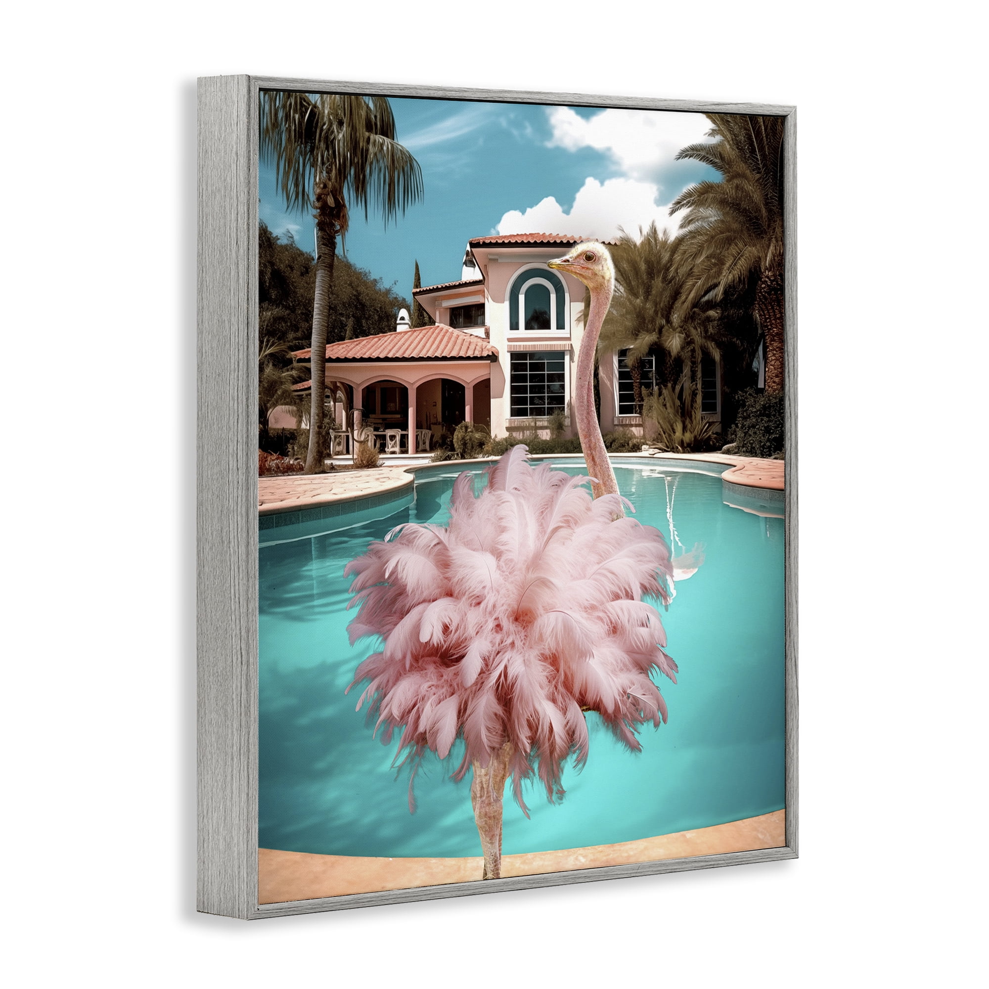 Stupell Industries Pink Feathered Ostrich Animals & Insects Painting Gray Framed Art Print Wall Art, 16 x 20