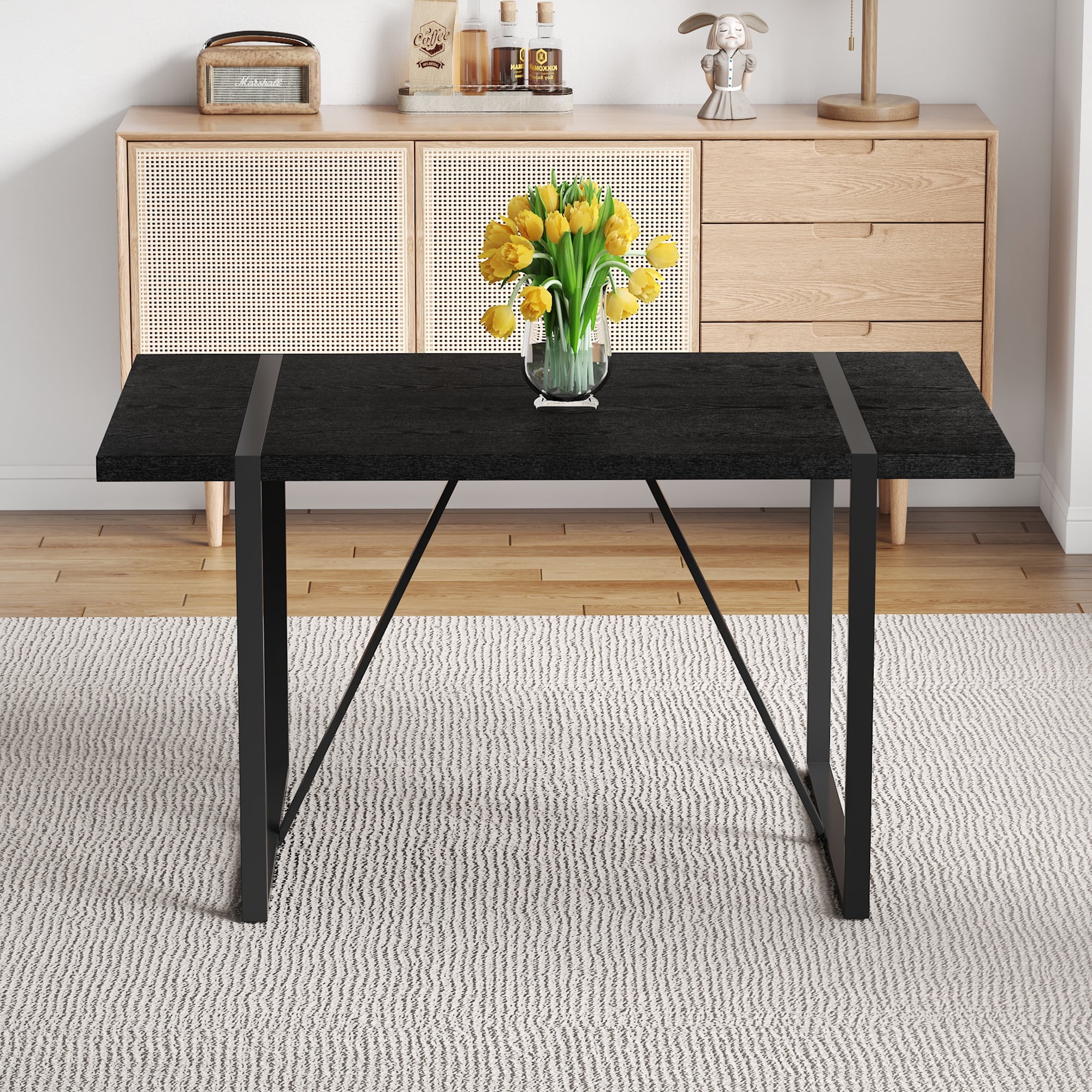Mintazer 55 Inch Modern Black Wood Grain Rectangular Dining Table with Sturdy Metal Frame, Minimalist Kitchen Table for 4-6 People, Black