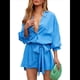 thumbnail image 2 of Vestido Camisero Corto con Cuello en V, Botones, Plisado, Mangas 3/4 y Cinturón para Mujer. Azul S, 2 of 7