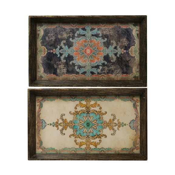 CC Home Furnishings Damask Rectangular Wooden Tray - 24.75" - Set of 2