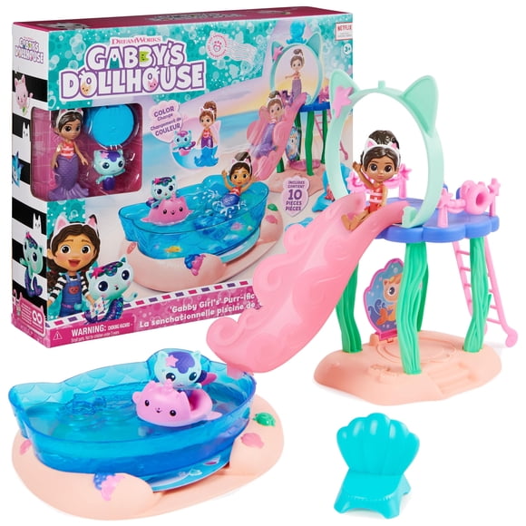 Gabbyâs Dollhouse , Ensemble de Jeu Piscine « Purr-ific » avec Figurines Gabby et Chat, Queues de Sirène à Changement de Couleur et Accessoires de Piscine Jouets pour Enfants de 3 Ans et Plus