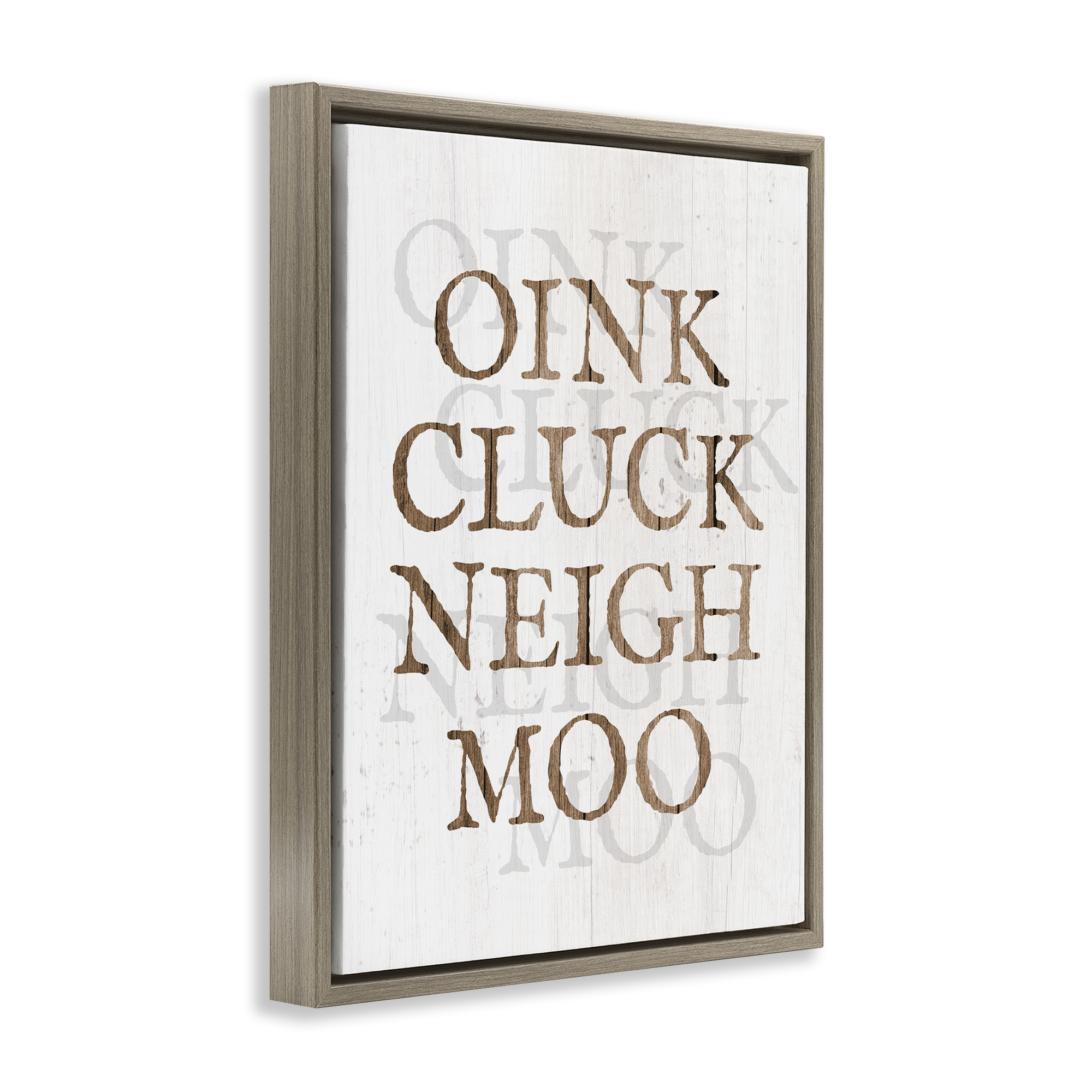 Stupell Industries Oink Cluck Neigh Moo Typography Painting Brown Floater Framed Canvas Art Print Wall Art, 25 x 31