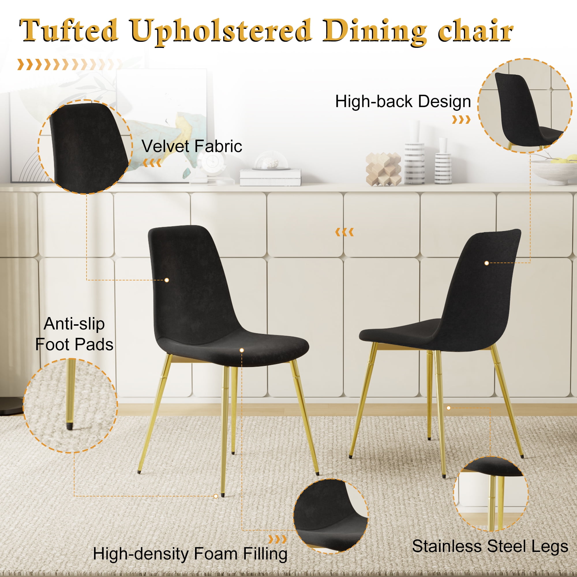 5-Piece 36" Round Glass Dining Set, Clear Tempered Glass Table & 4 Velvet Chairs with Stainless Steel Legs for Kitchen, Meeting Room