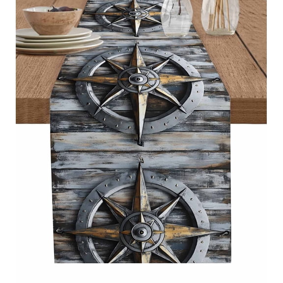 Retro Coastal Table Runner 36 Inches, Nautical Compass Ocean Summer Beach Bed Runner Dresser Scarves Tabletop for Indoor Outdoor Parties/Ceremony/Banquet, 13"x 36"