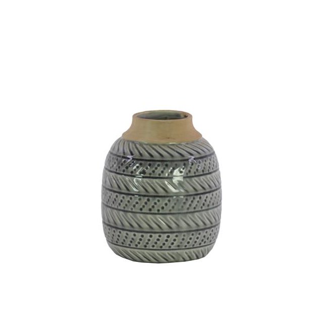 Urban Trends Collection 50159 Ceramic Round Vase with Gloss Tan Banded Rim Mouth Neck Embossed Parallel Design Body, Gloss & Gray - Small