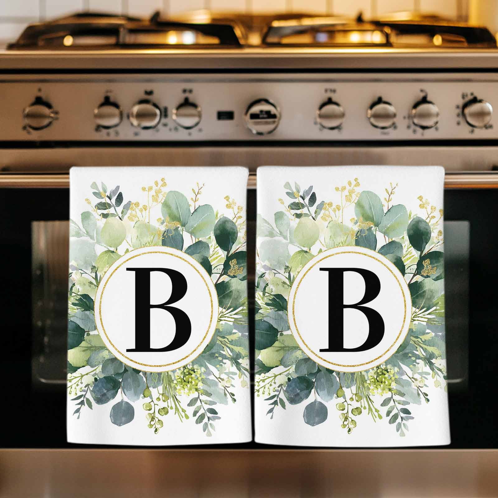 Dish Towels, Letter B Absorbent Kitchen Towels 2 PCS, Alphabet Green Eucalyptus Leaves Microfiber Hand Towels Dish Cloths Tea Towels for Home&nbsp;Bathroom Cleaning Drying,18X28-Inch,