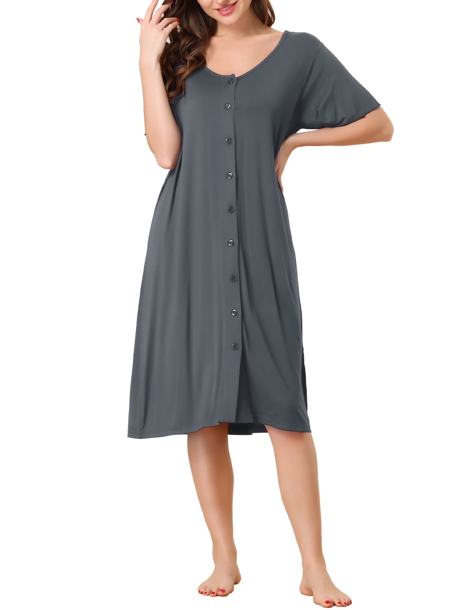 Unique Bargains Womens Modal Nightshirt Soft Button Down Short Sleeve Nightgown