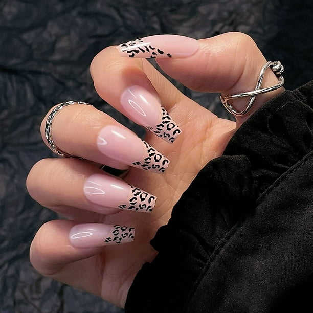 Fake Nails with Glue, Press on Nails Long Coffin French Nails, Spotted Nude  French Tips Acrylic Nails Artificial False Nailsfor Women/Daily/Party,  24PCS/Set(Kitty's Crazy) 