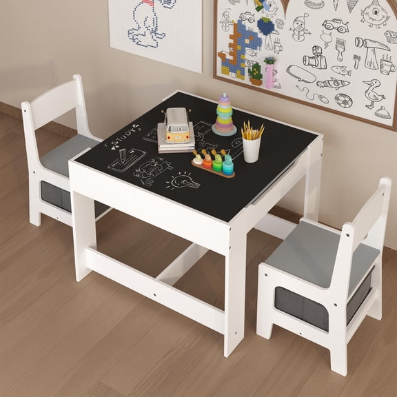 Kids Wood Table and Chair Set, 3-in-1 Wooden Activity Table with Storage Drawer for Toddlers Drawing, Reading, Crafts, Gift for 2 Kids, 2-in-1 Detachable Tabletop Table Set for Nursery, Playroom