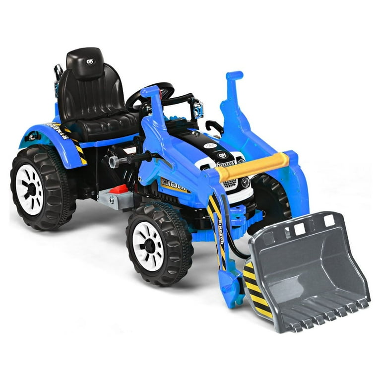 Kids Blue 12v Ride On Digger Tractor with Sounds & Front Scoop