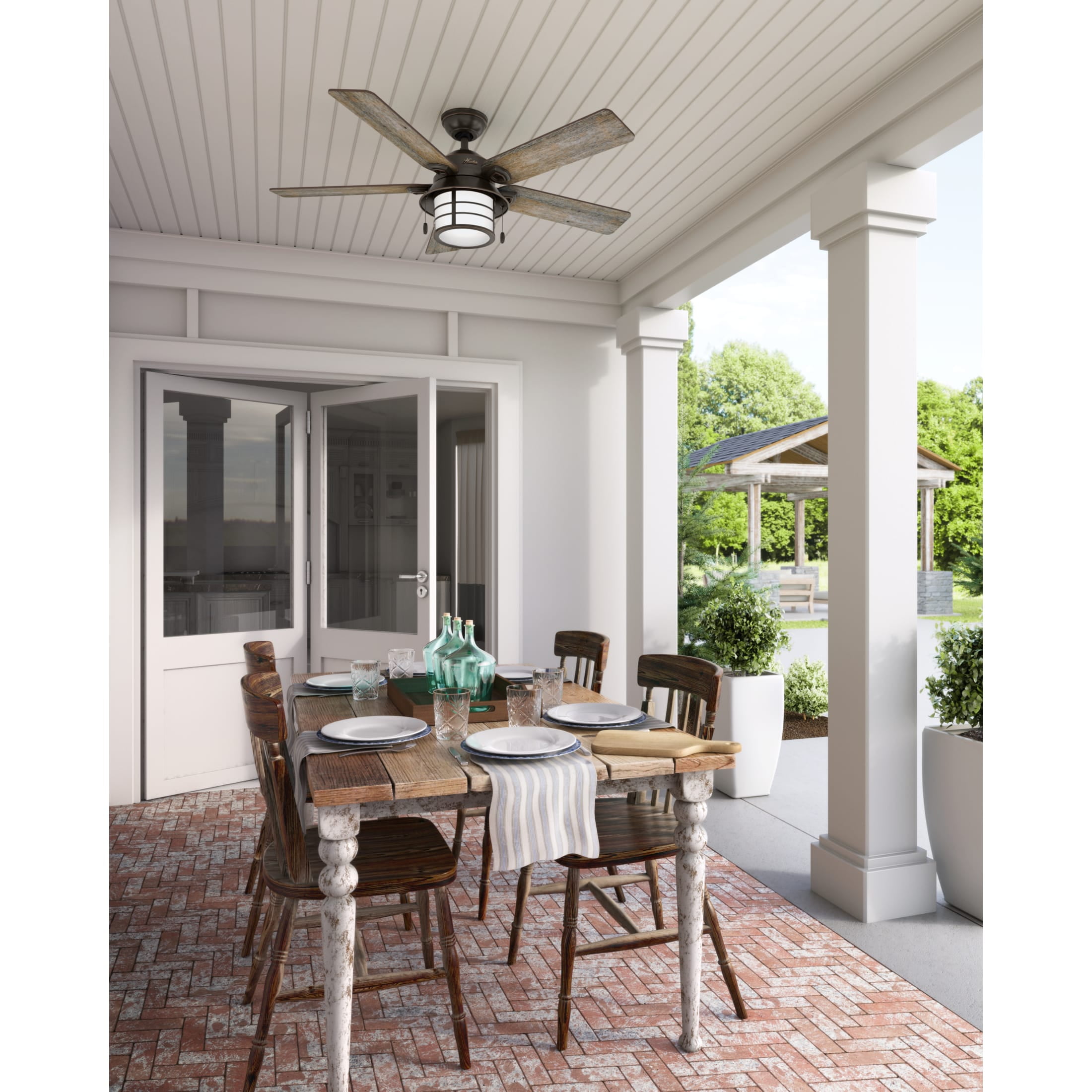 Hunter 54 inch Outdoor or Indoor Ceiling Fan with LED Light - Rustic Ceiling Fan with Pull Chain, For Bedroom, Living Room, or Patio, Standard Mount, No Remote - Key Biscayne 59273, Onyx Bengal