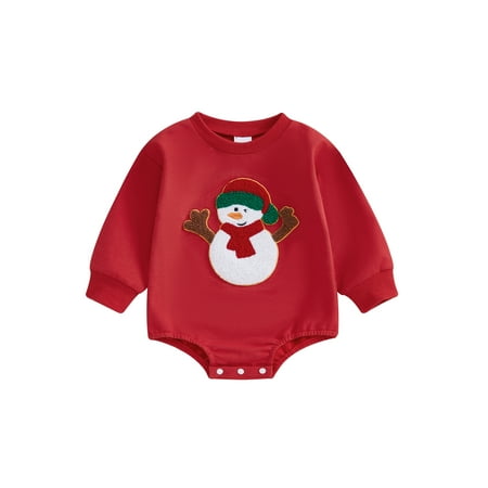 

Caitzr Baby Christmas Romper Snowman Embroidery Long Sleeve Bubble Jumpsuit