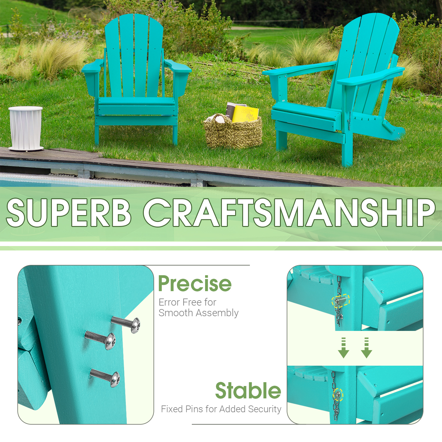Devoko Folding Adirondack Chair Set of 2 HDPE Weather Resistant Outdoor Lounge Chair, Turquoise - image 4 of 6