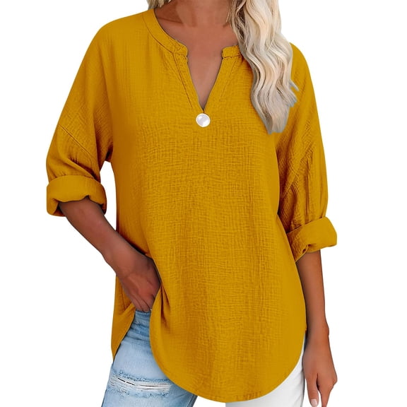 Womens Shirts 3/4 Roll Up Sleeve Button Detail Loose Linen Blouses Oversized Tshirts for Women