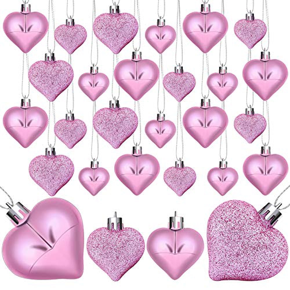 Matte Sopcone 24 Pieces Heart Shaped Ornaments for Valentines Day Heart Shaped Baubles for Home Wedding Party Hanging Decorations DIY Craft Red, Pink Sequined Glitter