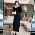 thumbnail image 2 of Ropa de mujer, tiro estilo coreano, cuello redondo, manga de murciélago, hombros caídos, falda de media longitud con vuelo grande con cinturón de aguja, 2 of 5