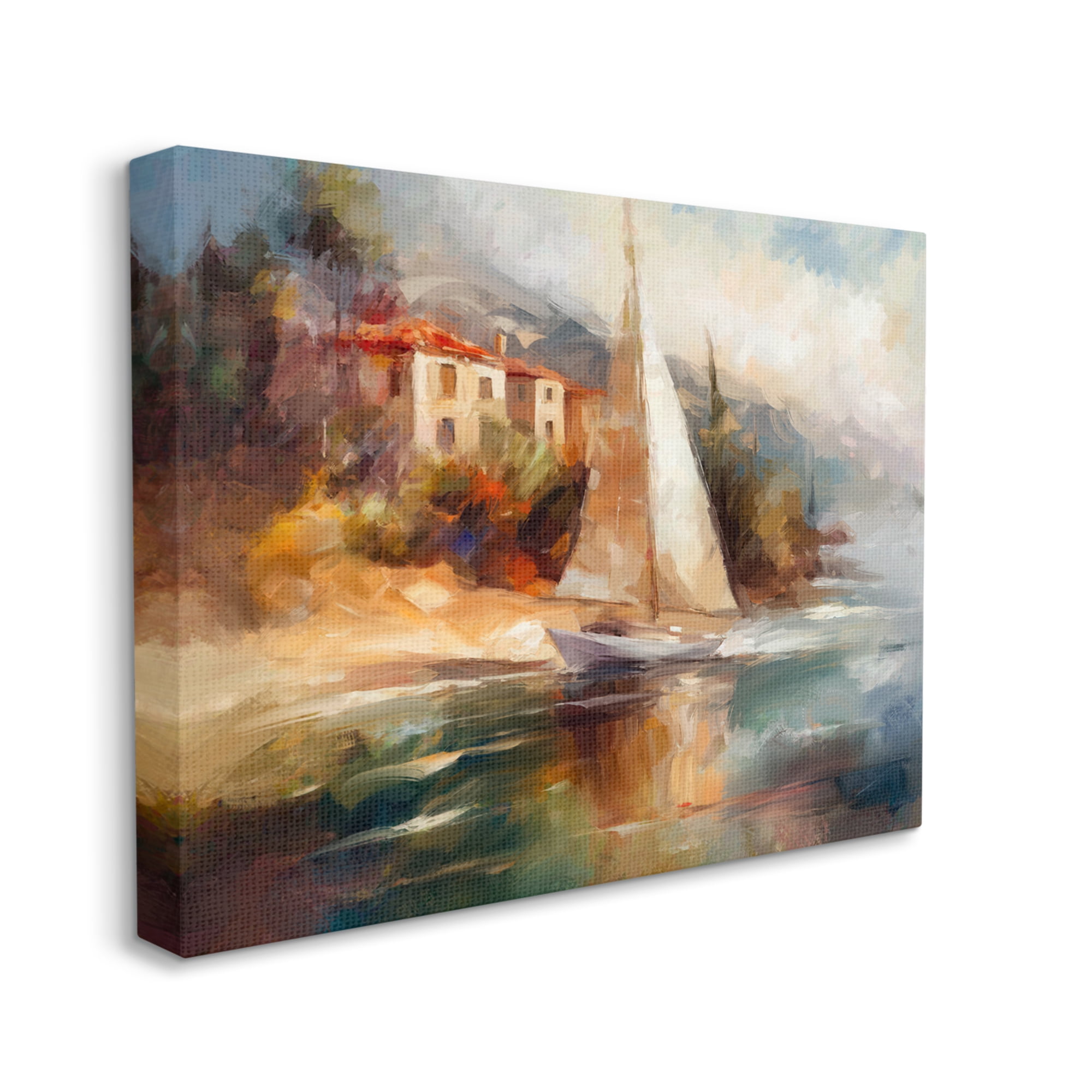 Stupell Industries Sailboat by Town Shore Transportation Painting Gallery Wrapped Canvas Print Wall Art, 48 x 36