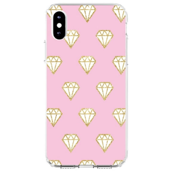 DistinctInk Clear Shockproof Hybrid Case for iPhone X / XS (5.8" Screen) - TPU Bumper, Acrylic Back, Tempered Glass Screen Protector - Pink & Gold Print - Diamond Pattern