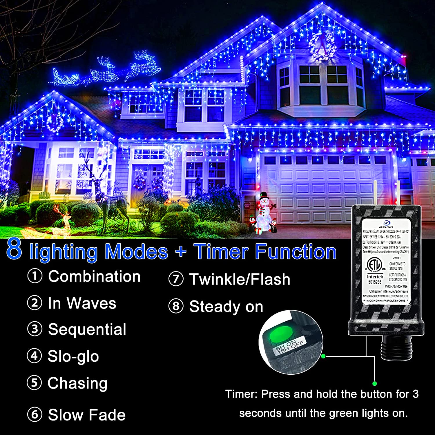 Christmas Icicle Lights Outdoor Decorations, 1216 LED 98.4 ft Modes  Curtain Fairy LED String Lights with Timer Memory, Plug in W