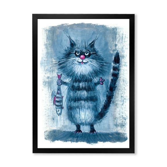 Designart 'Standing Cat Holding A Fish In Its Claws' Nautical & Coastal Framed Art Print