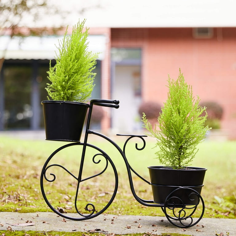 Glitzhome Bicycle Planter Stand Rust Proof Metal Enamel Flower Pot Cart Holder Patio Stand Holder Wheels Not Rotatable