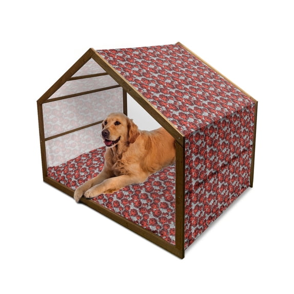 Floral Pet House, Rose Flowers Vintage Design Elements Petals Leaves Love Themed Valentines Image, Outdoor & Indoor Portable Dog Kennel with Pillow and Cover, 5 Sizes, Red Grey Black, by Ambesonne
