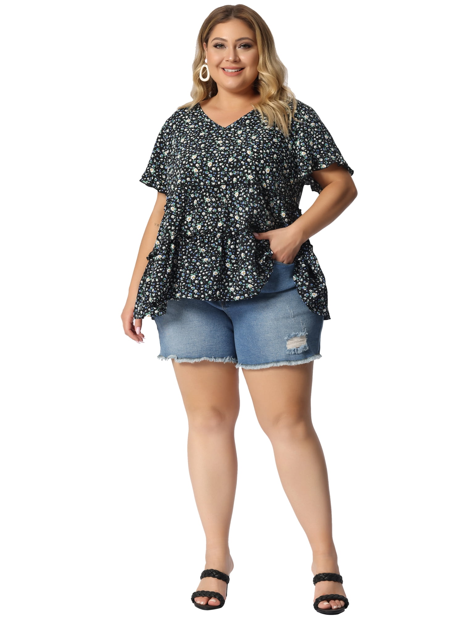 DARING DIVA Women's Plus Size V Neck Short Sleeve Floral Babydoll Blouse L Black