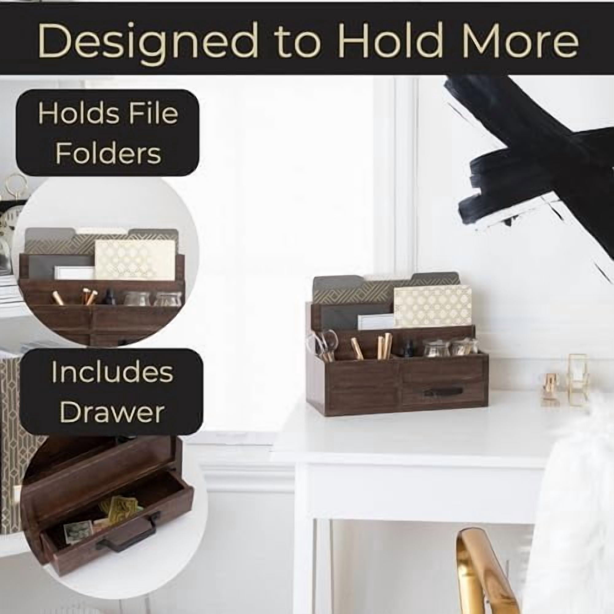 Brown Wood Mail Organizer with Drawer & Pen Holder – Desk Organizer for Bills, Storage, Countertop & Kitchen
