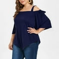 thumbnail image 6 of Olyvenn Women's Trendy Plus Size Ruched Blouses Sales Asymmetric Cold Shoulder Shirts Oversized Loose Casual Tunic Blouse 2023 Fashion Summer Halter Sling Short Sleeve Tees Solid Tops Navy 20, 6 of 7