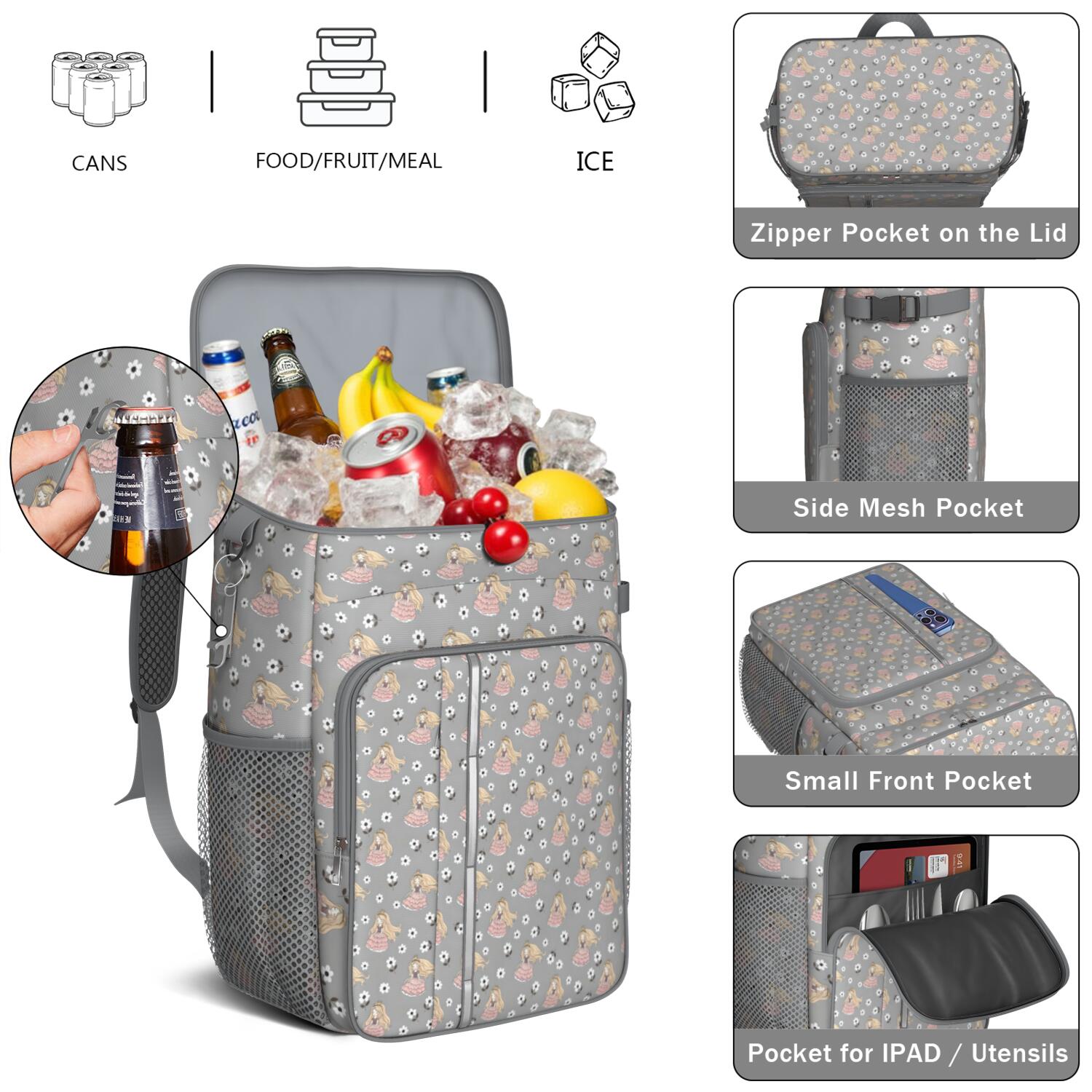 Travel Cooler Bag - Flower Princess Pattern Camping Beer Cooler Backpack with Bottle Opener- Waterproof Insulated Picnic Backpacks - Cooler Bag for Beach