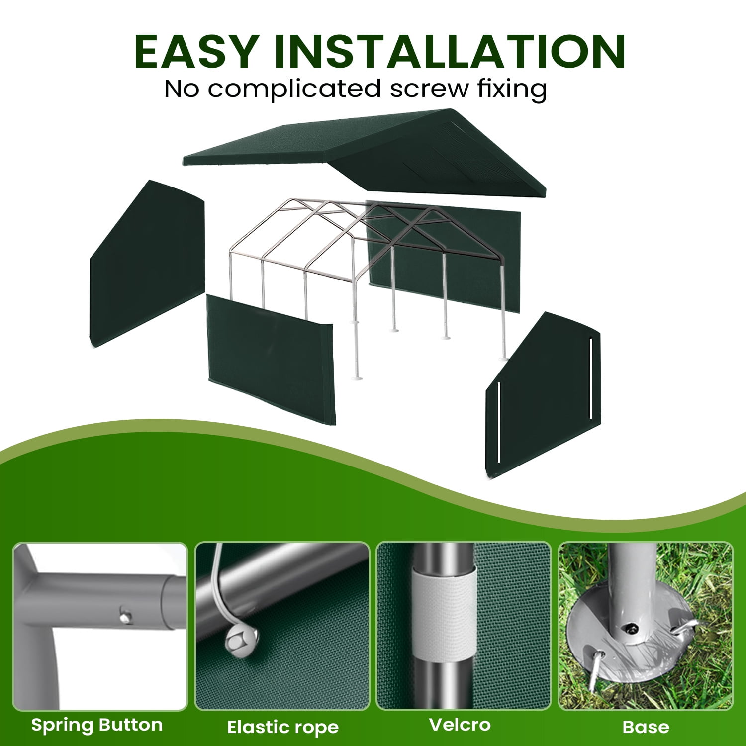 ECOLINEAR Carport 10x20 ft Heavy Duty Carport, Outdoor Potable Garage with Removable Sidewalls & Zipper Doors, Carport Canopy Anti UV All-Season Waterproof Tarp,Car Canopy for Cars,Boats,Green