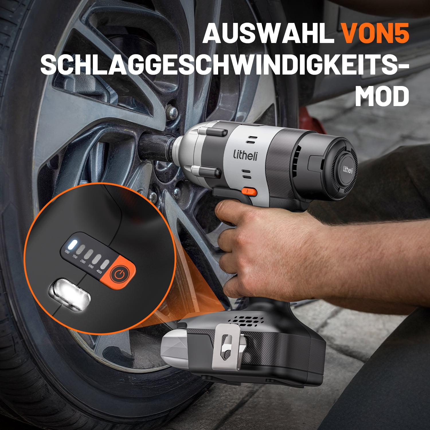 Litheli 20V Cordless Impact Wrench includes 1/2" Impact Drill with 400N.m Max Torque and LED Light for Dark Environment, 2.0Ah Battery, 4PC Socket Wrench and Tool Bag