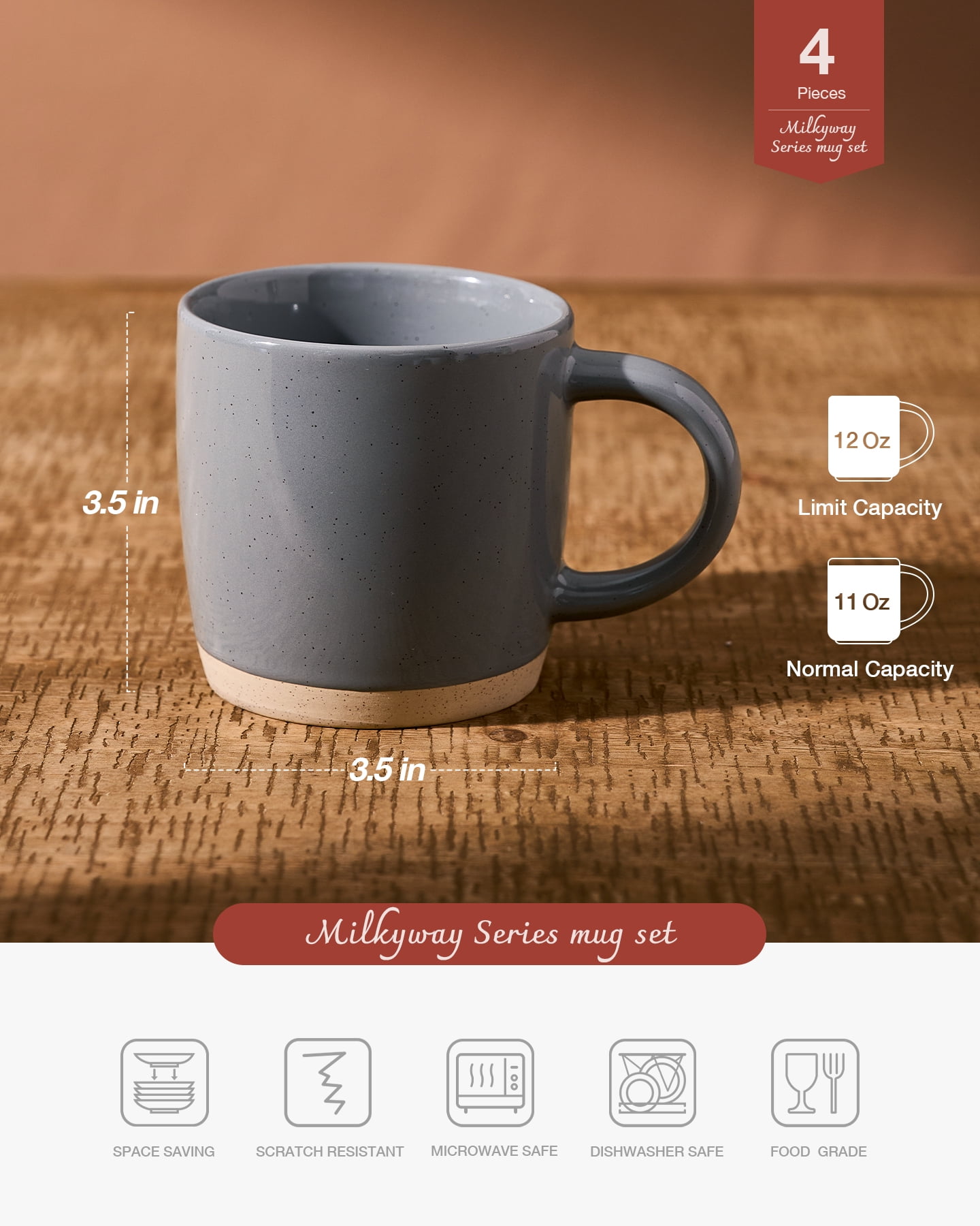 Famiware 14oz Stoneware Coffee Mug, Service for 4, Dark Gray