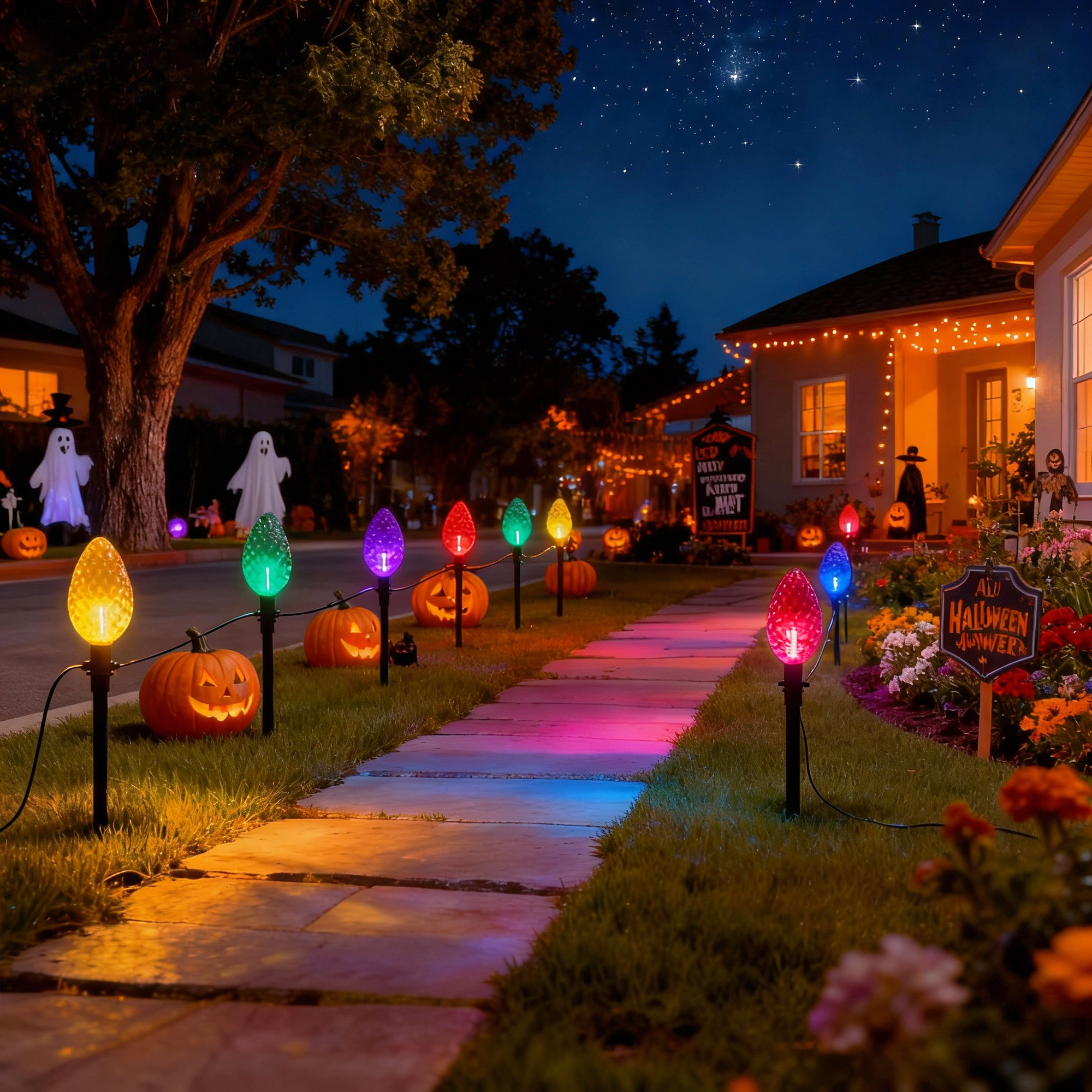 Beatineon 23ft C9 Faceted Pathway Lights, 12 Multicolor Christmas String Lights with 12 Ground Stakes, IP65 Waterproof Connectable Outdoor Decor, ETL Listed