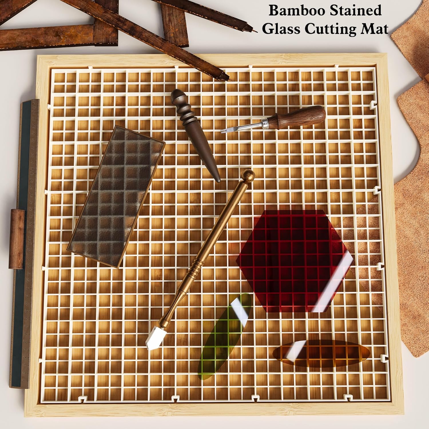 RGHJAR-12"x12" Stained Glass Cutting Mat, 2 In 1 Bamboo Stain Cutting Board for Crafting, Stained Glass Tools and Supplies