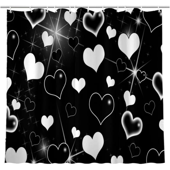 Early 2000s Shower Curtain for Bathroom, Black Glitter Love Heart 90s Old School 2000''s Bathtubs Bath Curtain Set Valentine''s Day Decor Waterproof Durable Fabric with 12 Hooks, 72x72 inches