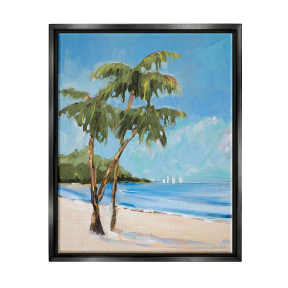 Stupell Industries Palm Trees Beach Landscape Nature Painting Black Floater Framed Art Print Wall Art, 17 x 21